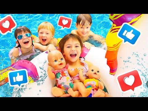 Pool Party Fun with Baby Dolls, Chocolate Fruit & Water Games | Kids Pretend Play