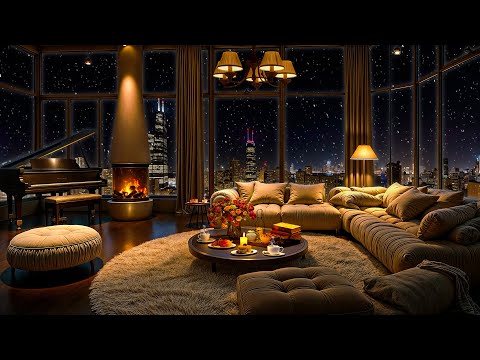 Chicago Night Jazz ❄ Cozy Apartment with Smooth Jazz Saxophone Music & Fireplace Sounds for Sleeping