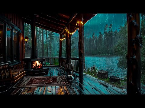 Rain in The Lakeside Wooden Porch 🌦️ Rainy Day and Bonfire for Deep Sleep and Relaxation