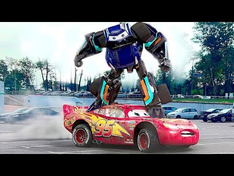 Lightning McQueen TRANSFORMERS in Real Life on Road cars PIXAR twins drift