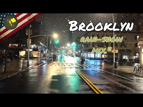 Brooklyn Wintery Walk in 4K: Rain, Snow & Relaxing Umbrella Sounds | Virtual Tour"