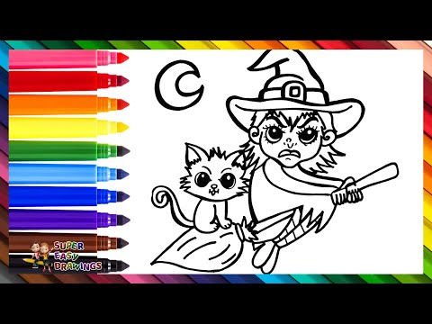 Draw and Color a Witch 🧙‍♀️🧹🖤😾🌙 Halloween Drawings for Kids