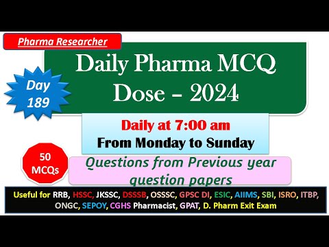 Day 189 Daily Pharma MCQ Dose Series 2024 II 50 MCQs II #exitexam #pharmacist #druginspector #dsssb