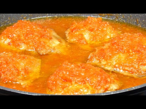 Chicken thighs in tomato sauce in a pan. This is the best recipe for delicious chicken in a pan