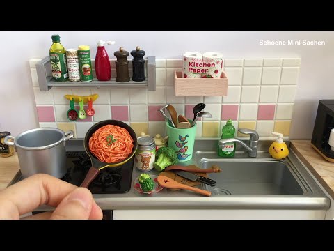 Re-Ment Mini Toy Kitchen | Toy Food Miniature Cooking | Spaghetti with Mushrooms in Tomato Sauce