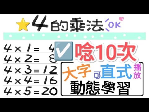 ☑️4的乘法.朗讀10次【一起學習Studying】四的乘法 nine nine table-大字-動態-適合手機直式播放!