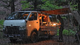 [Rain Car Camping] Camping alone in minimum camping car in the mountains. DIY Hiace camper.