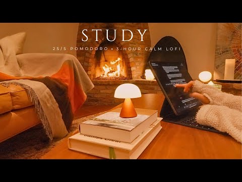 3-Hour Lofi Study With Me by the Fireplace 🔥| Focus, Pomodoro Timer 25-5 & Relaxing Background Music