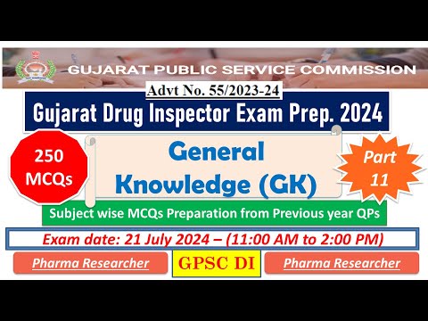 General Knowledge Questions for Gujarat drug inspector exam preparation 150 MCQs 21 July 2024 #gpsc