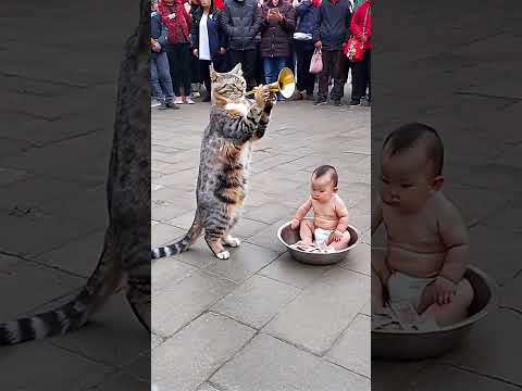 The cat takes the baby and plays the trumpet in the square! Cute Pet Debut Plan Animal’s Confused