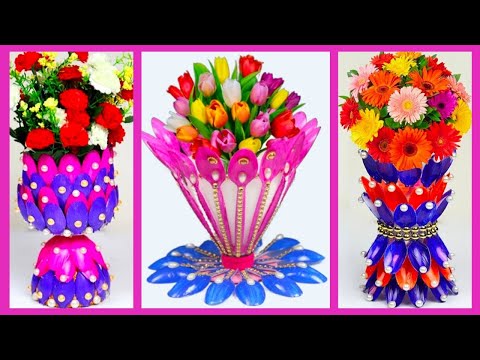 3 Beautiful Handmade Flower Vase for Home Decor using Plastic Bottle and Plastic Spoons | DIY Crafts