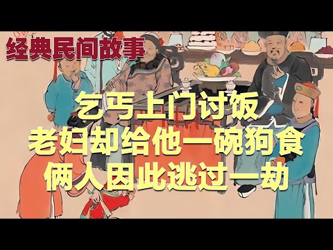 乞丐上门讨饭，老妇却给他一碗狗食，俩人因此逃过一劫#故事 #民间故事