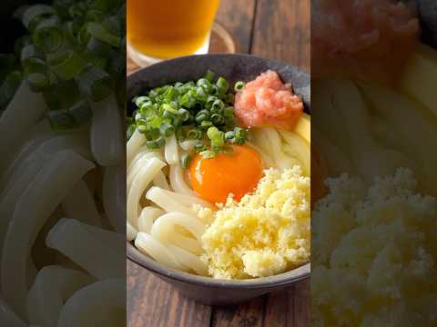 本日のてぬきお昼ごはん☺️明太子とバターの釜玉うどん☺️