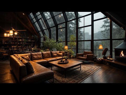 Background Jazz Relaxing Music on Rainy Day Ambience 🌧️ Warm Fireplace & Cozy Rainforest Cabin Room