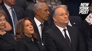 Kamala Harris huffs after spotting Trump and Obama chatting good naturedly