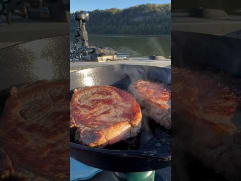 Cast Iron Ribeyes On A Boat 🥩 #castironcooking #fishing #ribeye