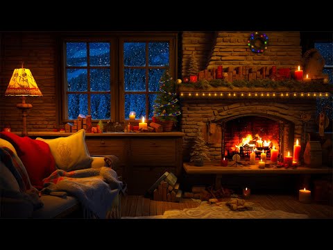 Cozy Winter Nook - Gentle Snow Falling on Window &  Fireplace with Winter Ambience