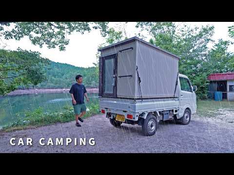 [Rainy Car Camping] Solo car camping by the lake. DIY light truck camper