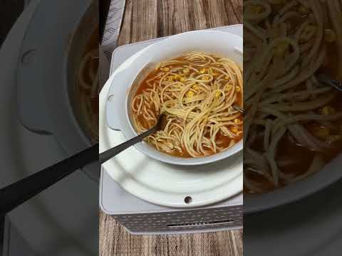 本年正月三ヶ日３日目②/昨日の多めに茹でたパスタ活用/コーントマトスープパスタ、白だしベースにオレガノ&ローレル香辛料風味付けや臭み消し活用