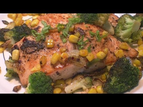 Pan Fried Salmon w Fried Corn & Broccoli