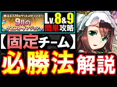 【固定チーム】最も楽な立ち回りがこちら!!9月のクエスト チャレンジLv8 Lv9攻略法を徹底解説!!魔法石を17個GETしよう!!【パズドラ】