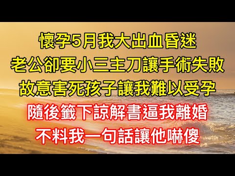 懷孕5月我大出血昏迷，老公卻要小三主刀讓手術失敗，故意害死孩子讓我難以受孕，隨後籤下諒解書逼我離婚，不料我一句話讓他嚇傻