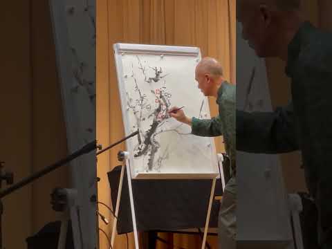 Henry Li doing a Painting with Victoria Playing the Guqin music "Three Variations of Plum Blossom"