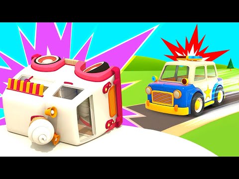 Street vehicles need help! Helper cars ready to go. Police car saves the truck. Cartoons for kids.