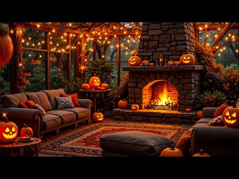 Relaxing Autumn Porch Vibes 🍂🎃 Halloween Atmosphere with Jazz Music, Cozy Campfire and Rainy