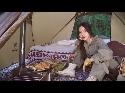 [4K] Camping alone by the river | a fire stove cooking | 🔔 Event