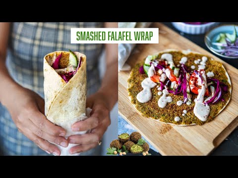 Make this Easy, Healthy & Delicious Smashed Falafel Wrap Recipe - Falafel in a skillet - Easy Meal