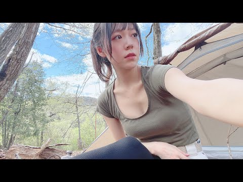 汗だく焚き火焼き肉 病み上がりキャンプ 無骨ブッシュクラフト  / Grilled beef over a bonfire, Japanese camping girl