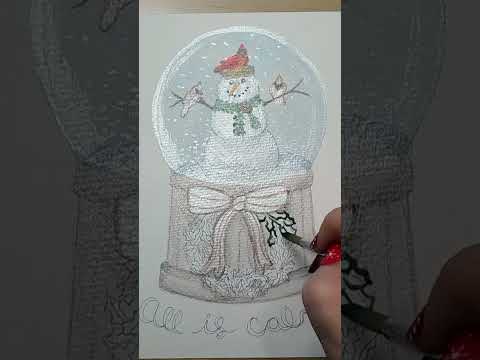 Snowman with Cardinals in snow globe christmas card. #shorts  #christmascards2023  #art #watercolor