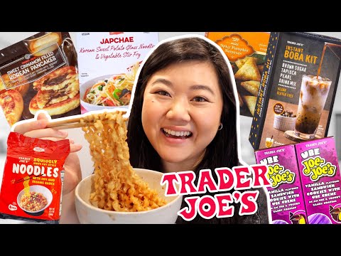 Trying NEW ASIAN FOOD at TRADER JOE'S 2023! (instant boba, chicken karaage, squiggly noodles + more)