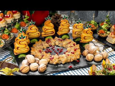 Star-shaped puff pastry wreath, Christmas tree from yeast dough and Chocolate nuts