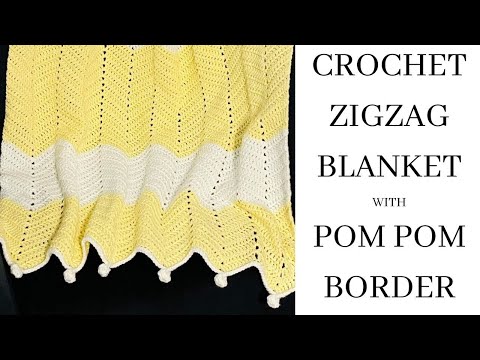 Crochet Modern Zigzag Blanket with Pom Pom Border