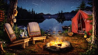 Campfire by the Lake Ambience with Crickets, Owls, Water, & Night Sounds for Relaxation & Sleep