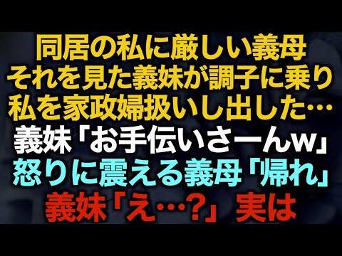 【スカッとする話】同居の私に厳しい義母　それを見た義妹が調子に乗り私を家政婦扱いし出した…義妹「お手伝いさーんw」怒りに震える義母「帰れ」義妹「え…？」実は…【修羅場】