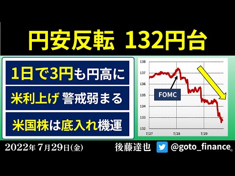 円安反転 132円台  米国株は底入れ機運 ナスダック 決算好感（2022/7/29）