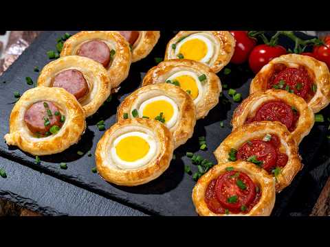 6 Ways for a quick puff Pastry Recipe ideas. Egg, sausage, tomato and caramelized onion