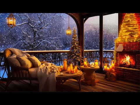 Winter Cozy Porch Ambience ❄️ A Warm Fire This Winter Christmas | Blizzard and Fireplace Sounds