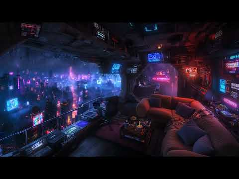 🎵 Chill Cybernetic Terrace: Rain and Ambient Music | Cyberpunk Bedroom over the City | 4K | 10 hours