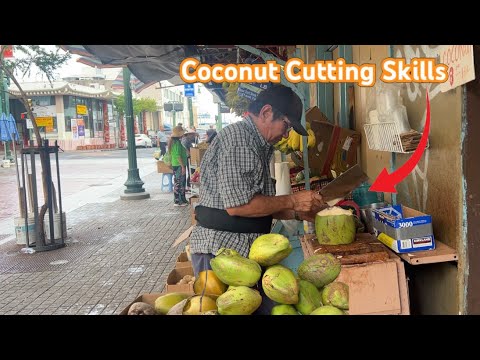 Coconut🥥Cutting Skills by Chu in Chinatown Market | Honolulu, Hawaii