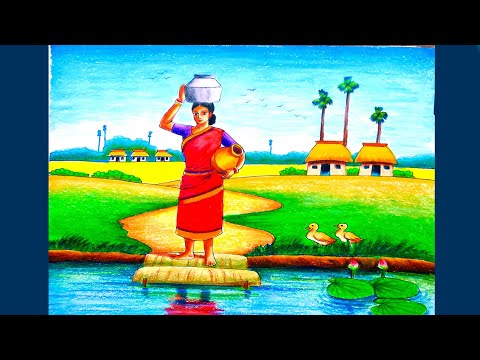 Village landscape scenery drawing with women step by step/Village drawing with working lady