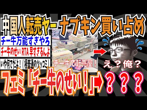 【様式美】中国人転売ヤーが日本の生理用ナプキンを買い占め開始➡︎フェミ「チー牛のせいだ！」➡︎ネット「？？？」【ゆっくり ツイフェミ】