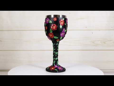 Ebros Gothic Black Red Pink Green Day of The Dead Sugar Skull Wine Goblet 7oz