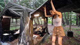 Solo camping in the rain - wet body overnight, typhoon, strong rain, cozy tent, ASMR