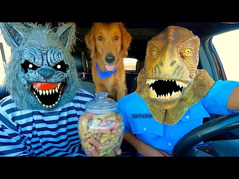 Wolf Surprises Puppy and T-Rex with Car Ride Chase!