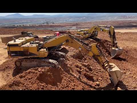 Two Caterpillar 365C Excavators Loading Overburden On Mercedes And MAN 4 Axle Trucks