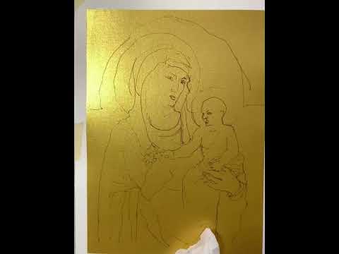 Master Study of Giotto Madonna and Child Watercolor on Metallic Golden Paper